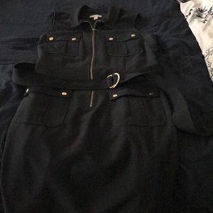 Black dress with gold buttons, gold front zipper